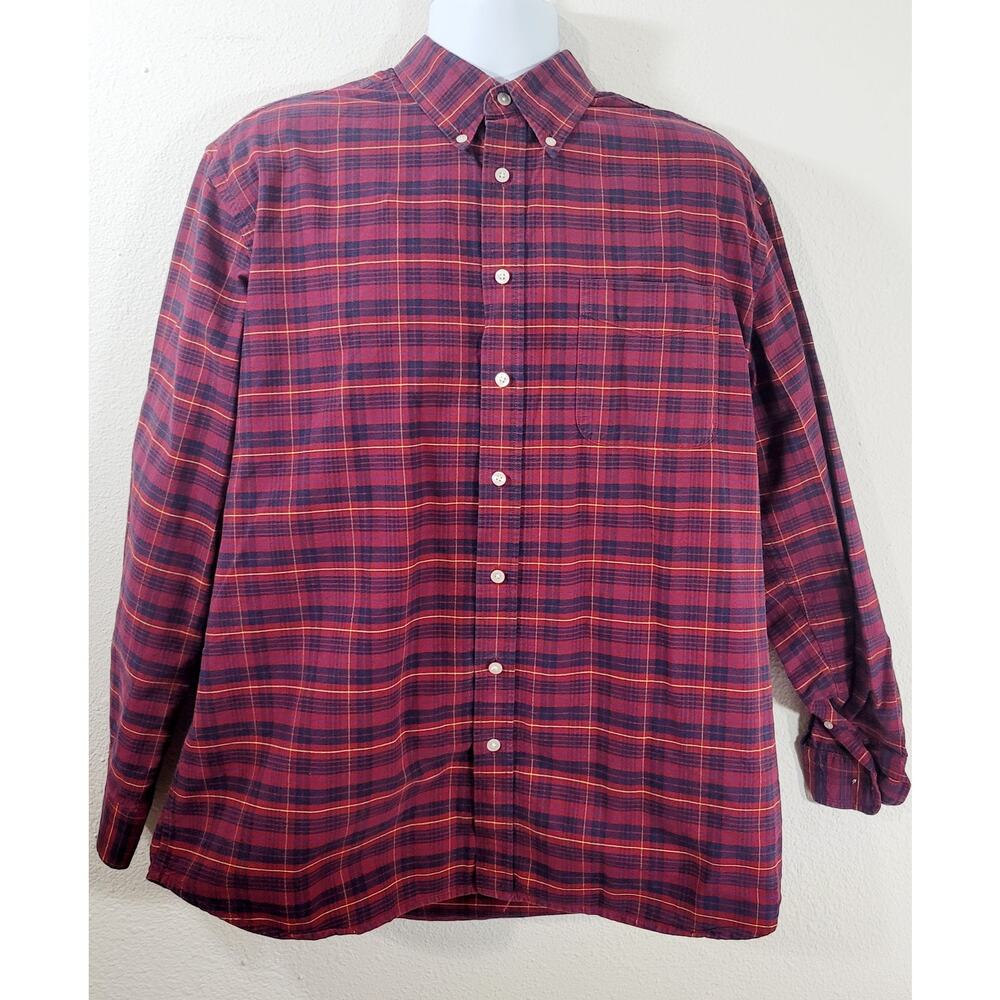 John Ashford Red Blue Plaid Button Up Collard Denim Shirt XL Tall Long Sleeves
